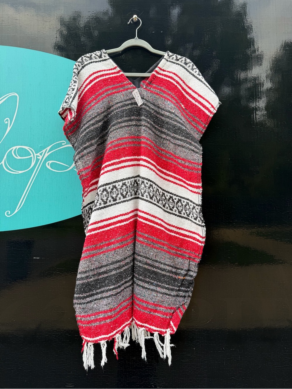 Handwoven-Style Baja Poncho in Red, Gray & White Stripes